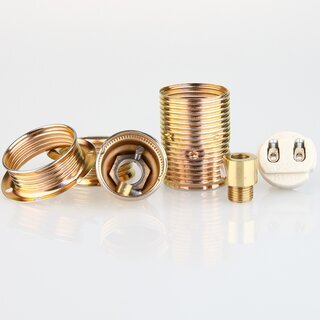 E14 Metall-Lampenfassung Premium vermessingt mit Schraubringen und Zugentlaster, M10x1 IG