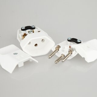 Schutzkontakt-Stecker & Kupplung Schweiz wei &ndash; Set &ndash; 250V/10A &ndash; mit Schraubkontakten und Zugentlastung