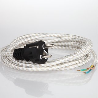 Bgeleisen-Anschlussleitung 3 Meter Textilumflochten wei-beige mit zwei System Schutzkontakt Stecker