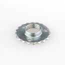 M10x1 Zackenscheibe mit Ansatz Ø 23x4,5 mm, Metall verzinkt, 3 Befestigungslöcher
