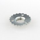 M10x1 Zackenscheibe mit Ansatz Ø 23x4,5 mm, Metall verzinkt, 3 Befestigungslöcher