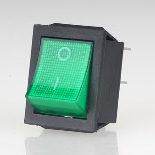 Einbau-Wippschalter grn beleuchtet 2-polig EIN/AUS 30x22mm 250V/16A mit PVC-Schutzkappe