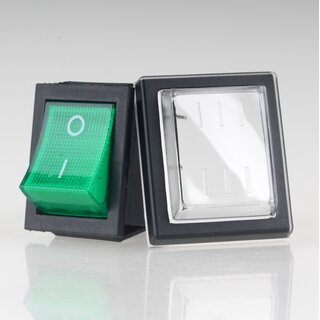 Einbau-Wippschalter grn beleuchtet 2-polig EIN/AUS 30x22mm 250V/16A mit PVC-Schutzkappe
