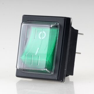 Einbau-Wippschalter grn beleuchtet 2-polig EIN/AUS 30x22mm 250V/16A mit PVC-Schutzkappe