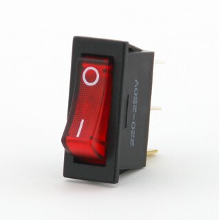 Wippschalter 1-polig, rot beleuchtet, 250V/10A, 31,6x11 mm