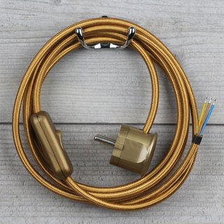 Textilkabel Anschlussleitung 2-5m gold mit Schalter u. Schutzkontakt Winkelstecker