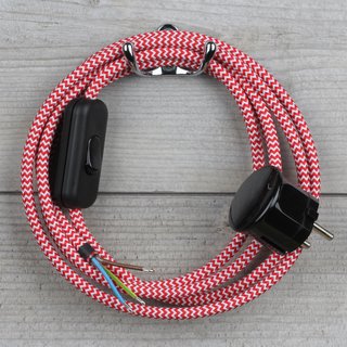 Textilkabel Anschlussleitung 2-5m rot-wei zickzack mit Schalter u. Schutzkontakt Winkelstecker