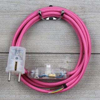 Textilkabel Anschlussleitung 2-5m pink Schalter u. Schutzkontakt-Stecker transparent