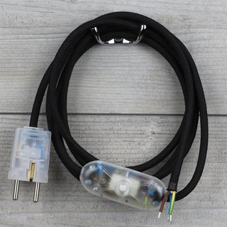 Textilkabel Anschlussleitung 2-5m schwarz Schalter u. Schutzkontakt-Stecker transparent