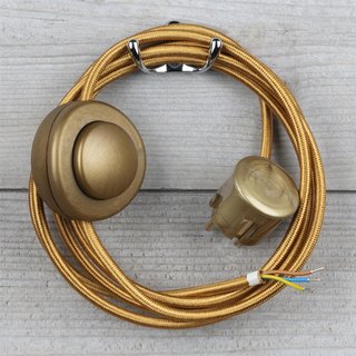 Textilkabel Anschlussleitung 2-5m gold mit Fuschalter und Schutzkontakt-Stecker