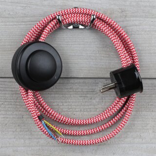 Textilkabel Anschlussleitung 2-5m rot-weiß zickzack mit Fußschalter und Schutzkontakt-Stecker