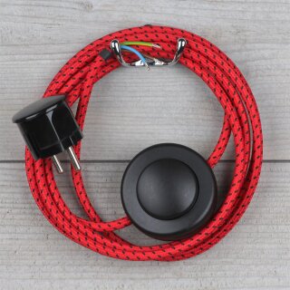 Textilkabel Anschlussleitung 2-5m rot-schwarz mit Fußschalter und Schutzkontakt-Stecker