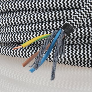 Textilkabel Stoffkabel schwarz-wei zick-zack 3-adrig 3x0,75 Zug-Pendelleitung S03RT-F 3G0,75