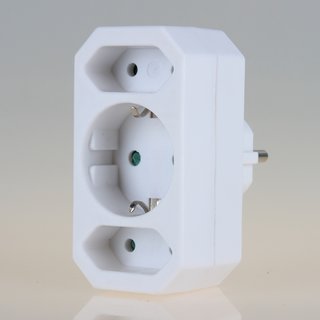 Steckdosen-Adapter wei 16A/250V 2 x Eurosteckdose 1 x Schutzkontakt-Steckdose