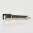 Messing Seilstopper 13x46 mm mit seitlichem Ausgang und Kunststoff-Befestigung für Schirmstrebe, vernickelt