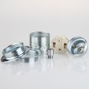 E27 Premium Lampenfassung Set verchromt mit Metall-Zugentlaster, Stahlseil-Befestigung und 2 Schraubringe