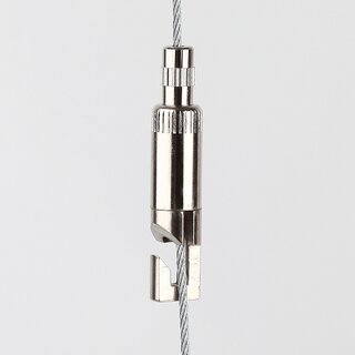 Messing Seilstopper mit Bund, Befestigungsschlitz und Sicherungskappe, vernickelt, 9x34 mm, M8x1x10 mm Auengewinde