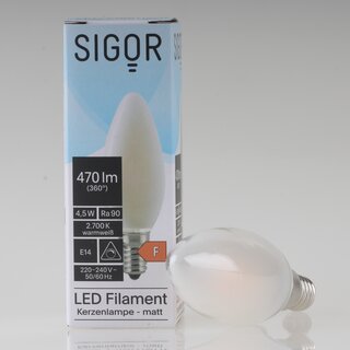 Sigor E14 LED Filament Kerzenlampe matt 4,5W (40W) 2700K warmwei 430lm dimmbar