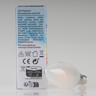 Sigor E14 LED Filament Kerzenlampe matt 4,5W (40W) 2700K warmwei 430lm dimmbar