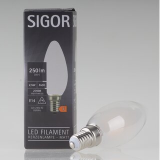 Sigor E14 LED Filament Kerzenlampe matt 2,5W (25W) 2700K warmwei 250lm dimmbar