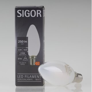 Sigor E14 LED Filament Kerzenlampe matt 2,5W (25W) 2700K warmwei 250lm dimmbar