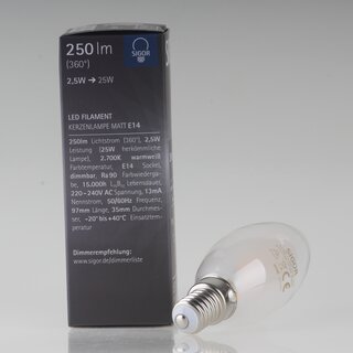 Sigor E14 LED Filament Kerzenlampe matt 2,5W (25W) 2700K warmwei 250lm dimmbar