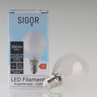 Sigor E14 LED Filament Tropfenlampe matt 2,5W (25W) 2700K warmwei 250lm dimmbar