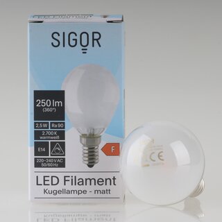 Sigor E14 LED Filament Tropfenlampe matt 2,5W (25W) 2700K warmwei 250lm dimmbar