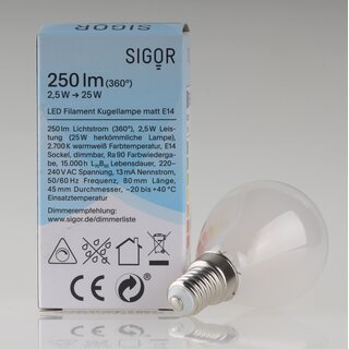 Sigor E14 LED Filament Tropfenlampe matt 2,5W (25W) 2700K warmwei 250lm dimmbar