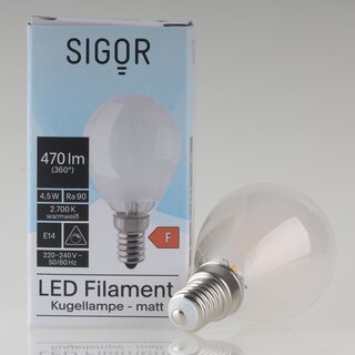 Sigor E14 LED Filament Tropfenlampe matt 4,5W (40W) 2700K warmwei 470lm dimmbar