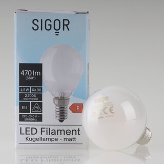 Sigor E14 LED Filament Tropfenlampe matt 4,5W (40W) 2700K warmwei 470lm dimmbar