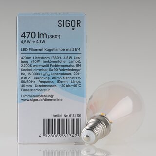 Sigor E14 LED Filament Tropfenlampe matt 4,5W (40W) 2700K warmwei 470lm dimmbar