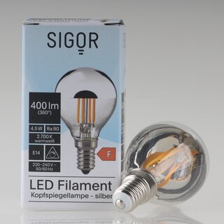 Sigor E14 LED Filament Kopfspiegellampe silber 4,5W (35W) 2700K warmwei 400lm dimmbar