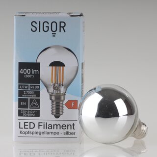 Sigor E14 LED Filament Kopfspiegellampe silber 4,5W (35W) 2700K warmwei 400lm dimmbar