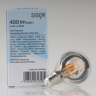 Sigor E14 LED Filament Kopfspiegellampe silber 4,5W (35W) 2700K warmwei 400lm dimmbar