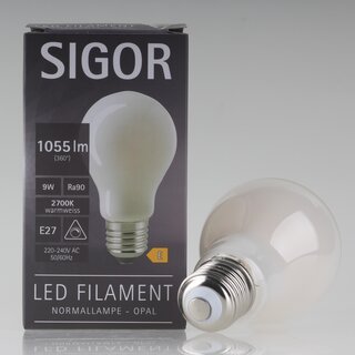 Sigor E27 LED Filament Leuchtmittel opal 9W=(75W) 220-240V 1055 lm 2700K warmwei dimmbar