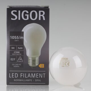 Sigor E27 LED Filament Leuchtmittel opal 9W=(75W) 220-240V 1055 lm 2700K warmwei dimmbar