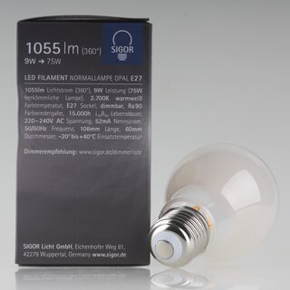 Sigor E27 LED Filament Leuchtmittel opal 9W=(75W) 220-240V 1055 lm 2700K warmwei dimmbar