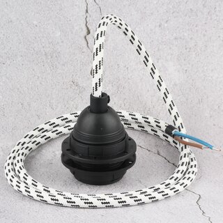 Textilkabel schwarz wei mit E27 Fassung Kunststoff schwarz und 2 Schraubringe