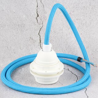 Textilkabel blau mit E27 Fassung Kunststoff wei und 2 Schraubringe