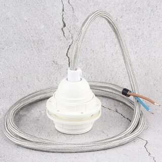 Textilkabel silber mit E27 Fassung Kunststoff wei und 2 Schraubringe