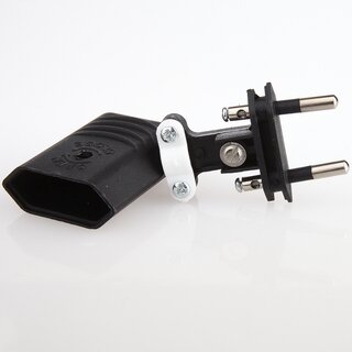 Eurostecker schwarz 250V/6A mit seitlicher Kabelfhrung und Schraubkontakten