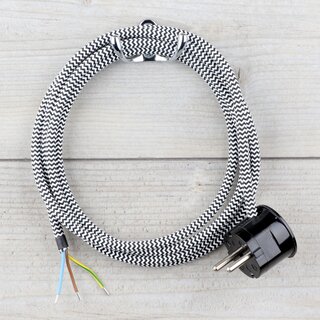 Textilkabel Anschlussleitung Zuleitung 2-5m schwarz-wei Zick Zack mit Schutzkontakt-Winkelstecker