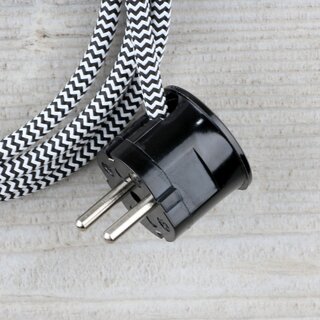 Textilkabel Anschlussleitung Zuleitung 2-5m schwarz-wei Zick Zack mit Schutzkontakt-Winkelstecker