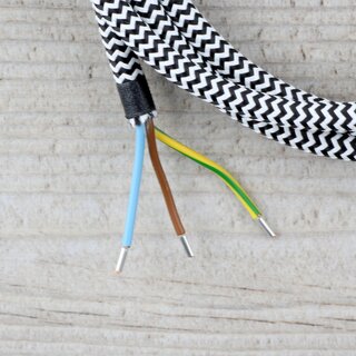 Textilkabel Anschlussleitung Zuleitung 2-5m schwarz-wei Zick Zack mit Schutzkontakt-Winkelstecker