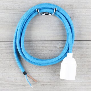 Textilkabel Lampenpendel 1-5m blau mit E27 Fassung Kunststoff wei