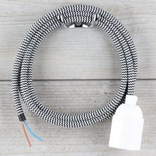 Textilkabel Lampenpendel 1-5m schwarz-wei Zick Zack mit E27 Fassung Kunststoff wei