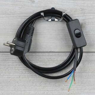 Lampen-Anschlussleitung 3-adrig Schwarz – 2 m mit Schnurschalter & Schutzkontaktstecker