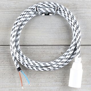 Textilkabel Lampenpendel 1-5m schwarz-wei mit E14 Fassung Kunststoff wei