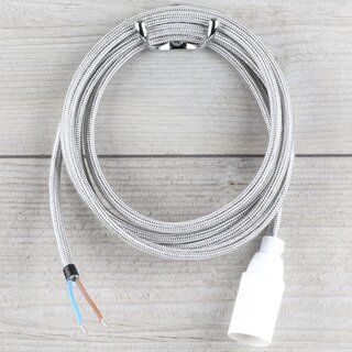 Textilkabel Lampenpendel 1-5m silber mit E14 Fassung Kunststoff wei